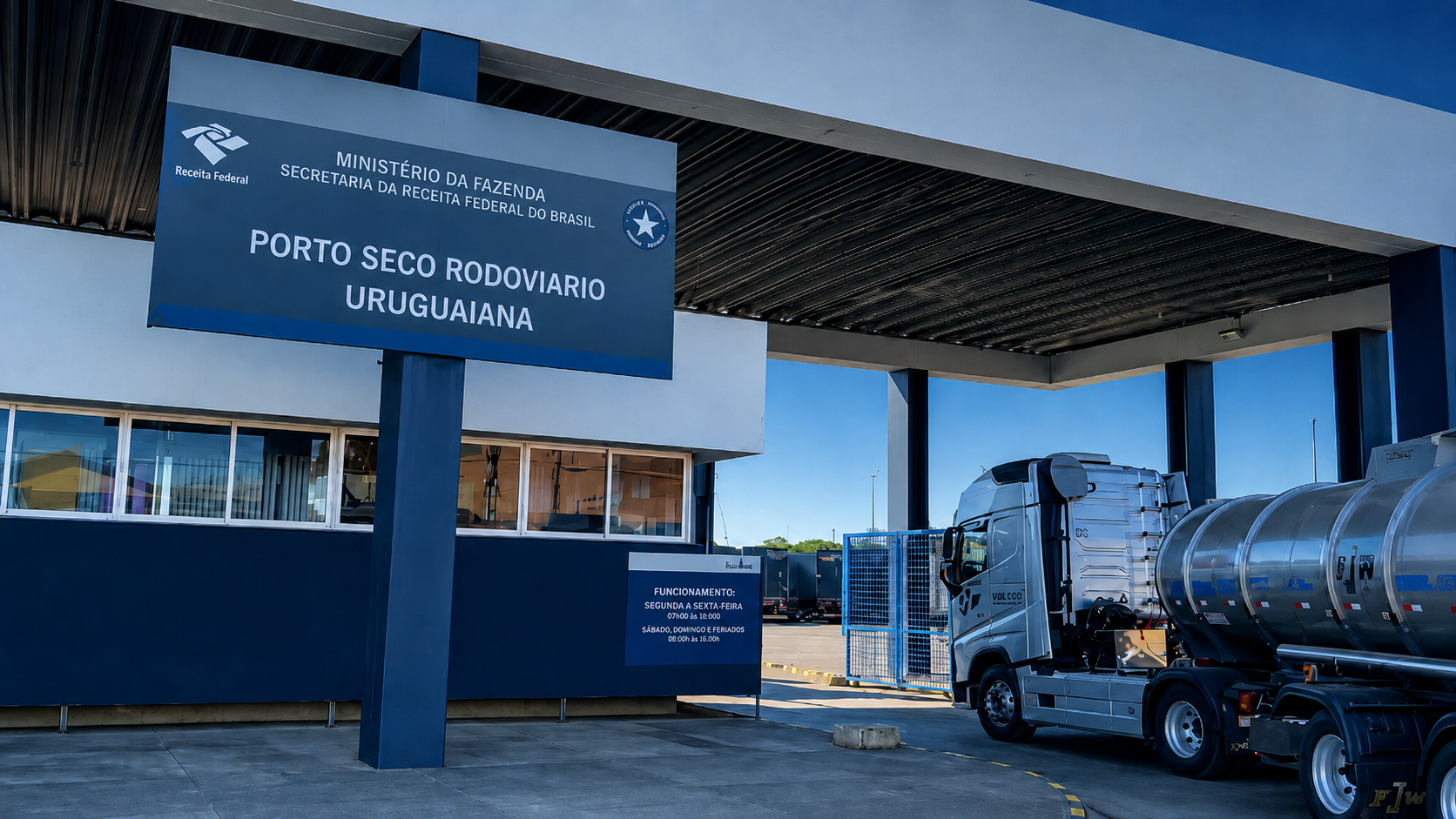 Vista do Porto Seco Rodoviário de Uruguaiana, com terminal aduaneiro e caminhão-tanque estacionado